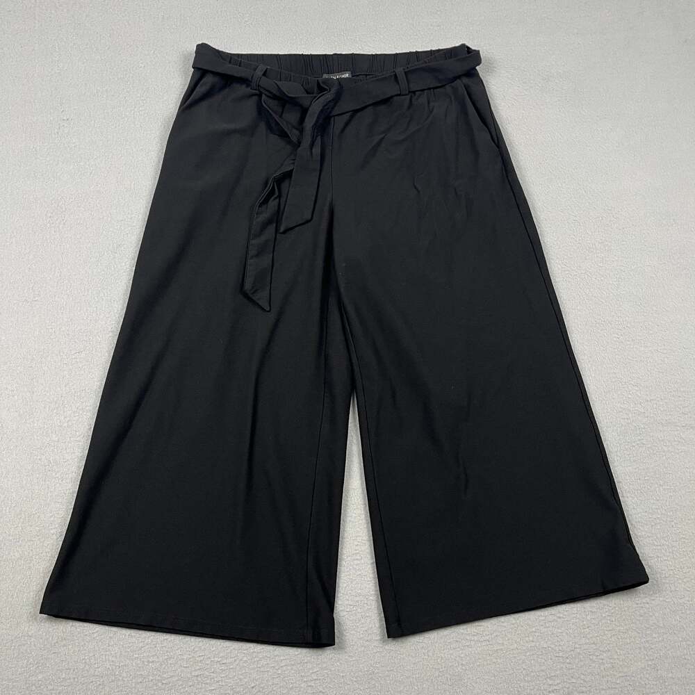 Eileen Fisher Black Viscose Nylon Blend Wide Leg Crop Belted Pants Women's S
